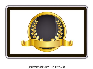realistic vector tablet pc computer with gold laurel wreath