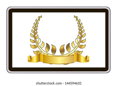 realistic vector tablet pc computer with gold laurel wreath
