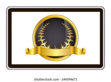 realistic vector tablet pc computer with gold laurel wreath