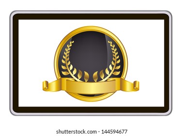 realistic vector tablet pc computer with gold laurel wreath