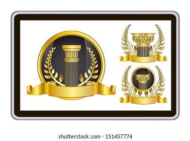 realistic vector tablet pc computer with gold laurel wreath, ribbon and pillar elements 