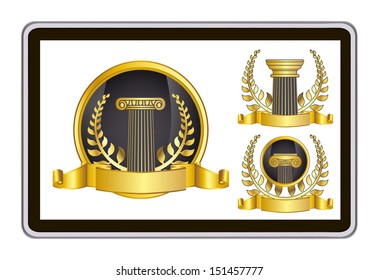 realistic vector tablet pc computer with gold laurel wreath, ribbon and pillar elements 
