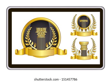 realistic vector tablet pc computer with gold laurel wreath, ribbon and pillar elements 