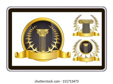 realistic vector tablet pc computer with gold laurel wreath, ribbon and pillar elements 