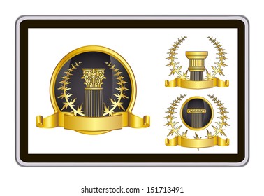 realistic vector tablet pc computer with gold laurel wreath, ribbon and pillar elements 