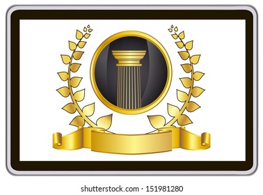 realistic vector tablet pc computer with gold laurel wreath, ribbon and pillar elements 