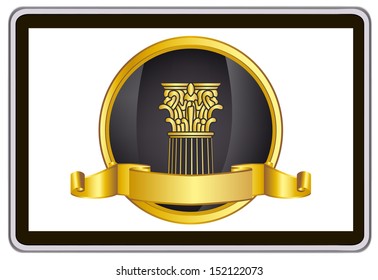 realistic vector tablet pc computer with gold laurel wreath, ribbon and pillar elements 