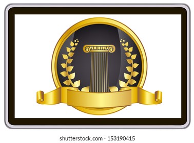 realistic vector tablet pc computer with gold laurel wreath, ribbon and pillar elements 