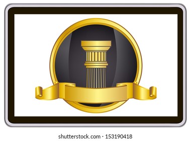 realistic vector tablet pc computer with gold laurel wreath, ribbon and pillar elements 
