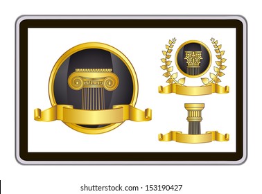 realistic vector tablet pc computer with gold laurel wreath, ribbon and pillar elements 