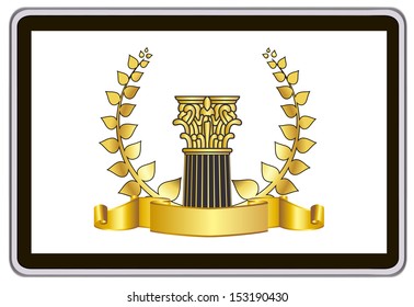 realistic vector tablet pc computer with gold laurel wreath, ribbon and pillar elements 