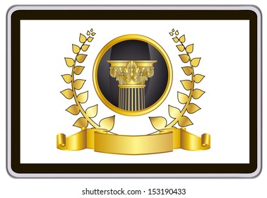 realistic vector tablet pc computer with gold laurel wreath, ribbon and pillar elements 