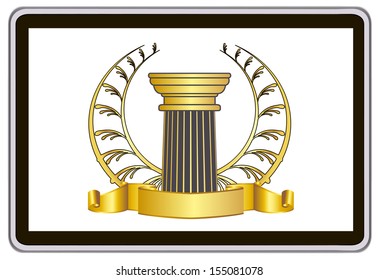 realistic vector tablet pc computer with gold laurel wreath, ribbon and pillar elements 