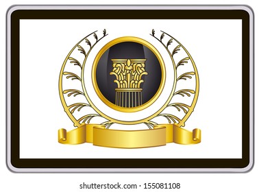 realistic vector tablet pc computer with gold laurel wreath, ribbon and pillar elements 