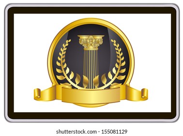 realistic vector tablet pc computer with gold laurel wreath, ribbon and pillar elements 