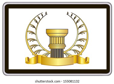 realistic vector tablet pc computer with gold laurel wreath, ribbon and pillar elements 