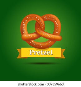 Realistic vector tasty pretzel on the green background. Poster template.