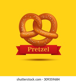 Realistic vector tasty pretzel on the yellow background. Poster template.