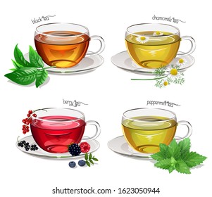 Realistic vector tea set with black, peppermint, chamomile and berry tea. Vector illustration.