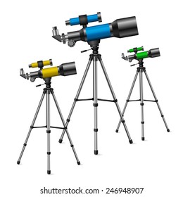 realistic vector telescope, a set of three colored telescopes on a white background