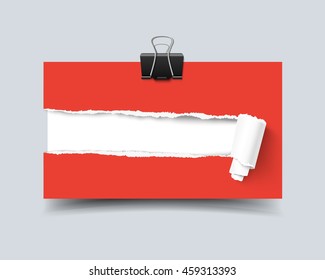 Realistic vector template business card with hole in paper torn edges and paper roll and paper clip isolated on white background. Red torn vector paper. Business card mock up