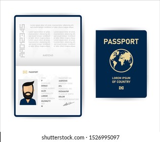 Realistic vector template open passport. International passport with sample personal data page o men. Document for travel and immigration. Vector illustration.