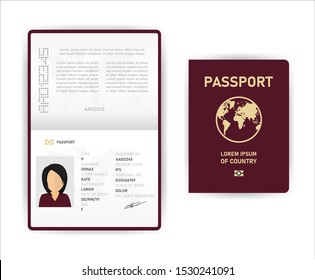 Realistic vector template open passport. International passport with sample personal data page o women. Document for travel and immigration. Vector illustration.