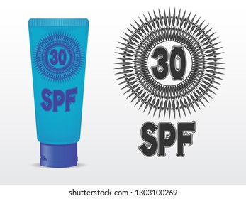 realistic vector template sunscreen in a tube of turquoise color with a blue cap. SPF 30 sign in the pattern. isolated on white background