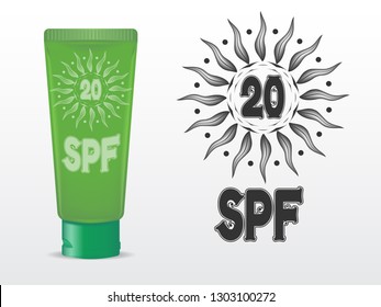 realistic vector template sunscreen in a tube of light green color with green cap. SPF 20 sign in the pattern. isolated on white background