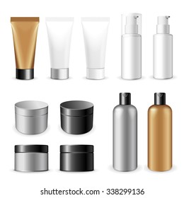 Realistic vector template.  Tubes and plastic boxes of cream or medical product on white background.