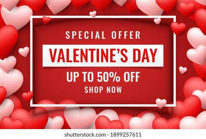 Realistic vector template of Valentine's Day sale background with balloons hearts icon. Romantic composition of frame and banner for discount, special offers, website, posters, promotional material. 
