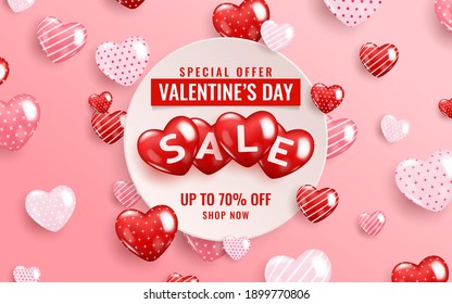 Realistic vector template of Valentine's Day sale background with balloons hearts icon. Romantic composition of frame and banner for discount, special offers, website, posters, promotional material. 