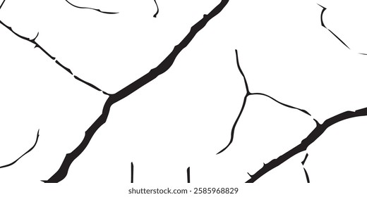 Realistic Vector Textures of Earthquake-Damaged Land and Wall Surfaces with Cracks and Breaks in Black, White, and Grey, Ideal for Creating Earthquake-Related Design Effects.
