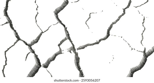 Realistic Vector Textures of Earthquake-Damaged Land and Wall Surfaces with Cracks and Breaks in Black, White, and Grey, Ideal for Creating Earthquake-Related Design Effects.
