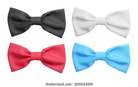 Realistic vector tie bow. Black, white, blue and red gift bow set