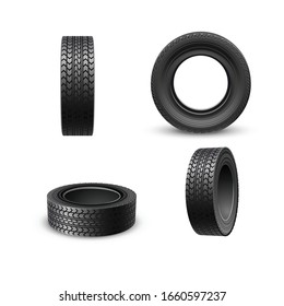 Realistic vector tires set. Car tires with different tread marks. Vector wheel icons