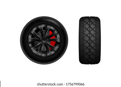 Realistic vector tires set. Car tires. Car weels. Car wheel with brake gear.