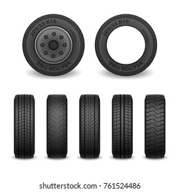 Realistic vector tires set. Car tires with different tread marks. Vector wheel icons