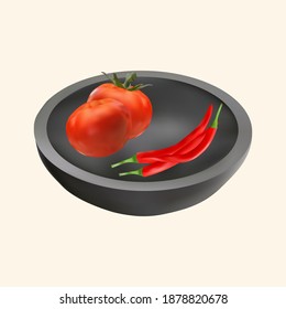 realistic vector of tomatoes and chilies with a container made of stone carving. very attractive for food banner and brochure design needs.