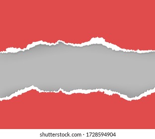 Realistic vector torn a half sheet of horizontal red paper with ripped edges with space for text. Template design for banner for web and print, sale promo, advertising, presentation.