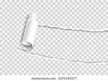 Realistic vector of a torn hole with a rolled edge. Ripped paper with a curled fragment. Template frame for text. Paper mockup.