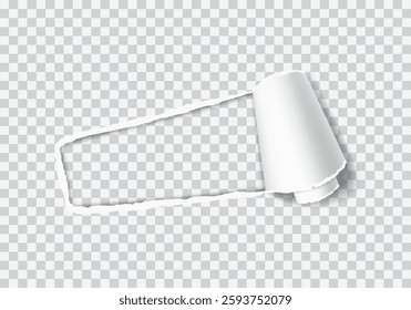 Realistic vector of a torn hole with a rolled edge. Ripped paper with a curled fragment. Template frame for text. Paper mockup.