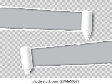 Realistic vector of a torn hole with a rolled edge. Ripped paper with a curled fragment. Template frame for text. Paper mockup.