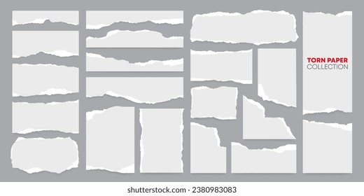 Realistic vector torn or ripped paper strip and newspaper clip art collection. Office notebook scrap, grunge note and scrapbook page border set. White torn paper or label for social media background.