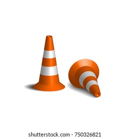 Realistic vector traffic cones. Two of orange road cones with white stripes. 3d rendering isolated on the white background. Traffic signs.