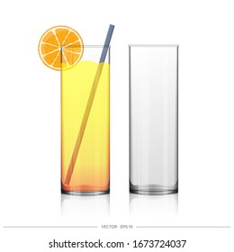 Realistic vector transparent glass.
A glass of orange juice is isolated on a white background.