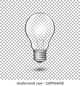 Realistic vector transparent light bulb. Light effect illustration.