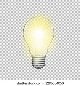 Realistic vector transparent light bulb. Light effect illustration.