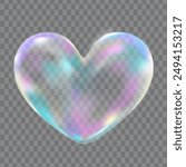 Realistic Vector Transparent Liquid Heart shape refraction soap bubble. Soap bubble png, glare. Foam bubbles png love simbol. Colorful magical fantasy dreamy of multicolored transparent bubble heart