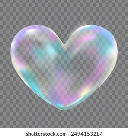 Realistic Vector Transparent Liquid Heart shape refraction soap bubble. Soap bubble png, glare. Foam bubbles png love simbol. Colorful magical fantasy dreamy of multicolored transparent bubble heart